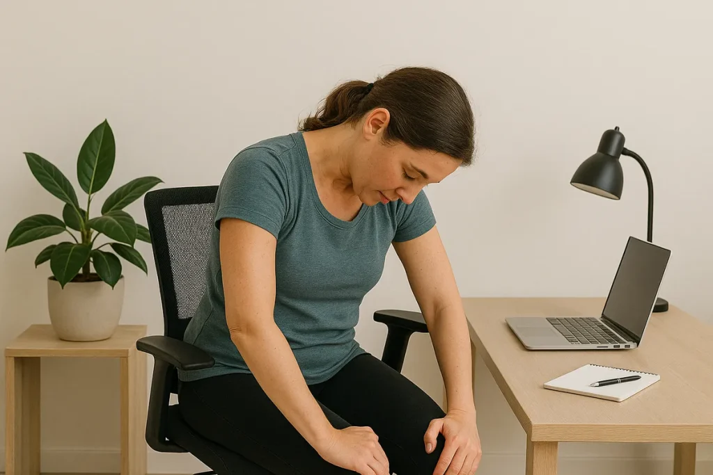 Woman seated on an office chair bending forward with hands on knees, performing a gentle seated forward stretch beside a desk with a laptop