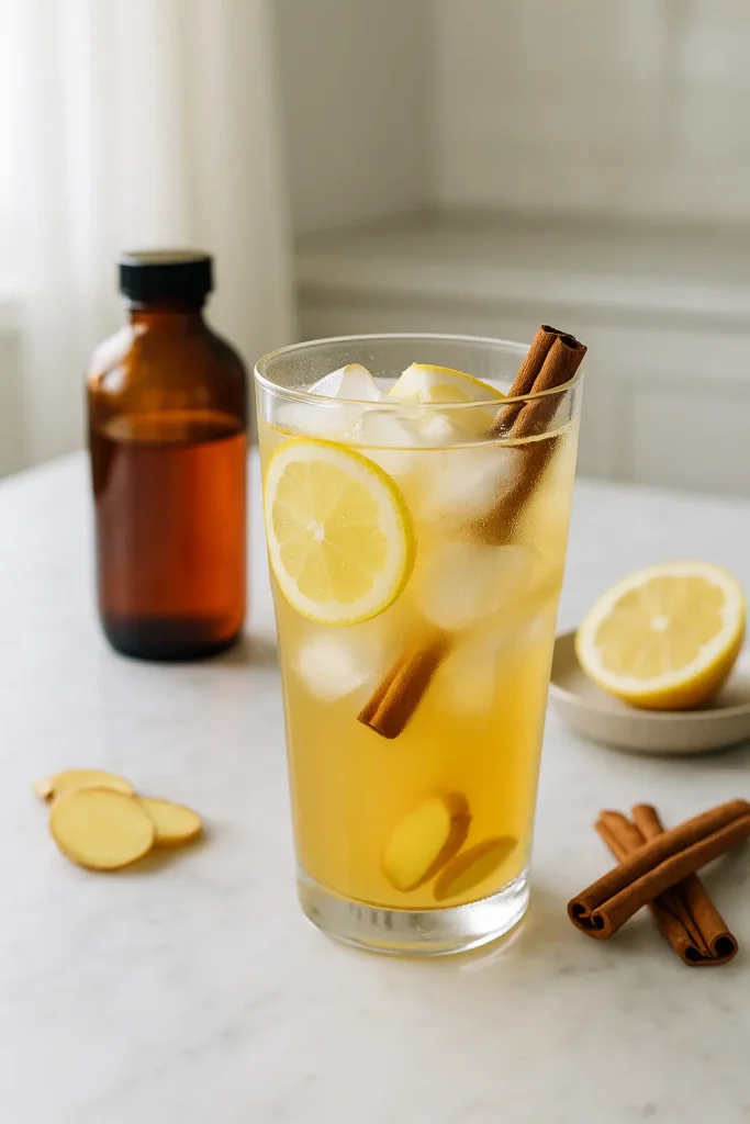 Glass of apple cider vinegar tonic with lemon slices, ginger, cinnamon, and ice
