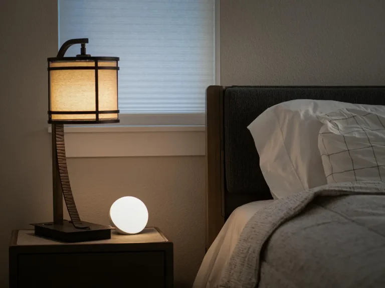A softly lit bedside lamp and a neatly made bed with white pillows and blankets, creating a calm night-time atmosphere.