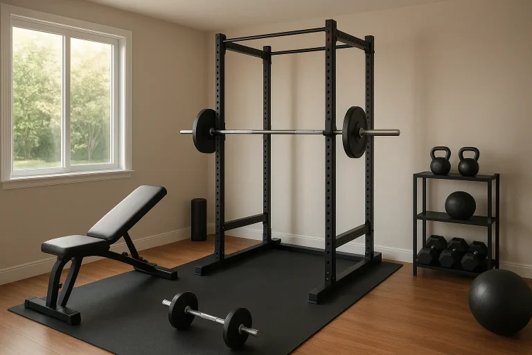 Home gym with power rack, incline bench, dumbbells, and kettlebells