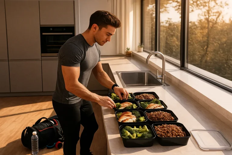 Athletic man in workout clothes preparing meal prep containers with grilled chicken, broccoli, and rice in a bright kitchen.
