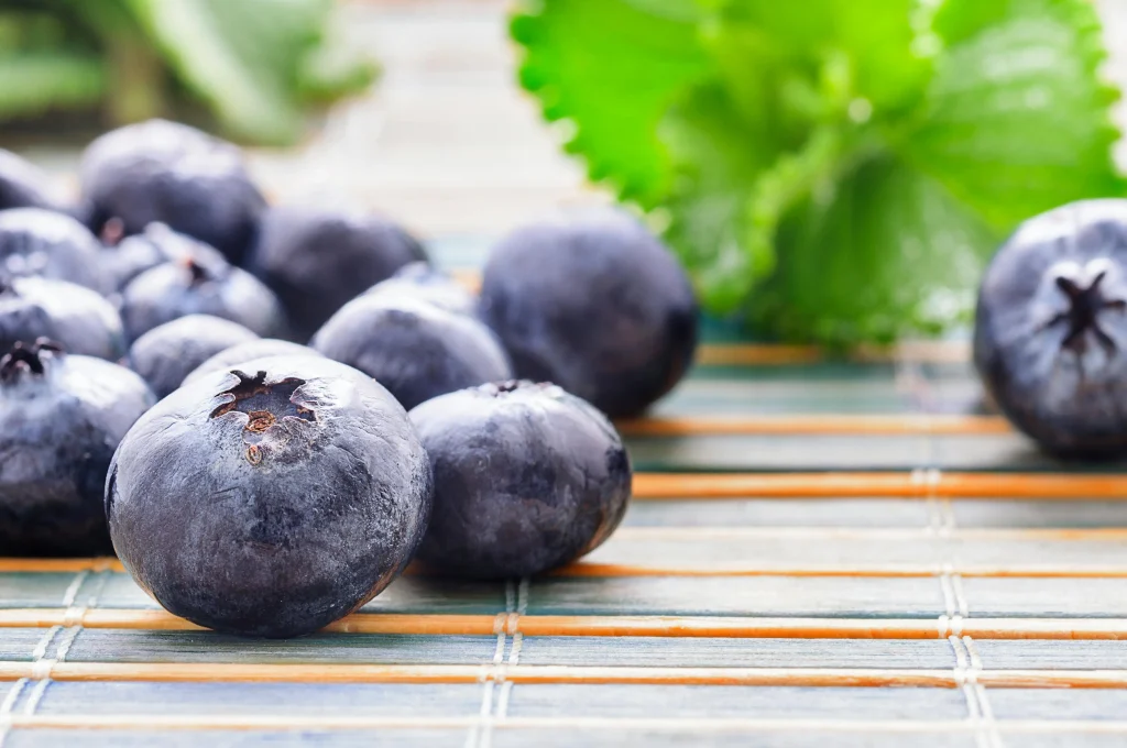 Close-up of fresh blueberries with green leaves in the background