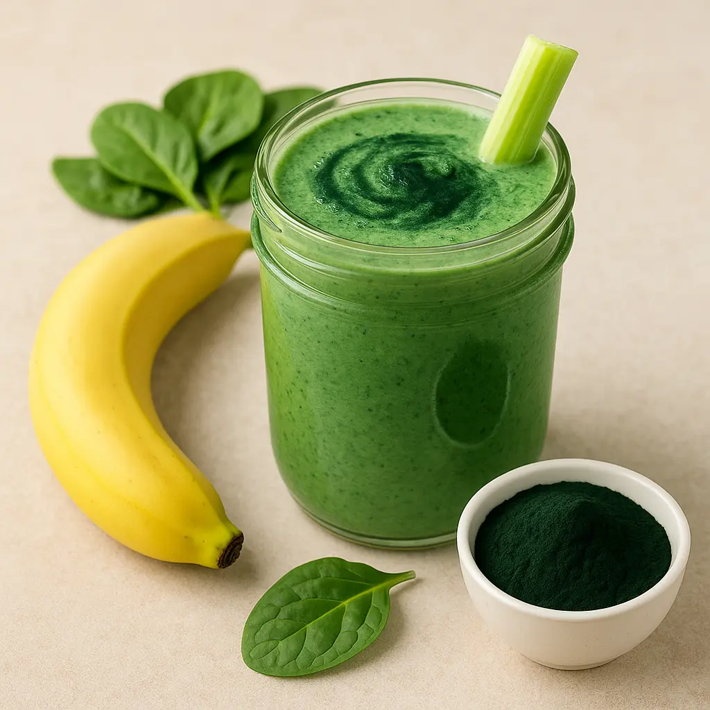 Nutritious green smoothie with spirulina powder, banana, spinach, and celery in a glass jar