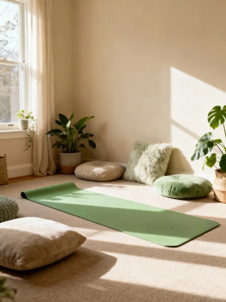 Green yoga mat on carpet surrounded by cushions and plants in a sunlit home yoga space