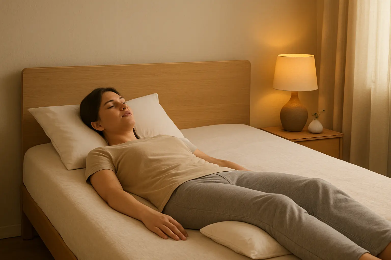 Woman lying on her back in bed with pillow under knees for proper spinal alignment and healthy sleep posture