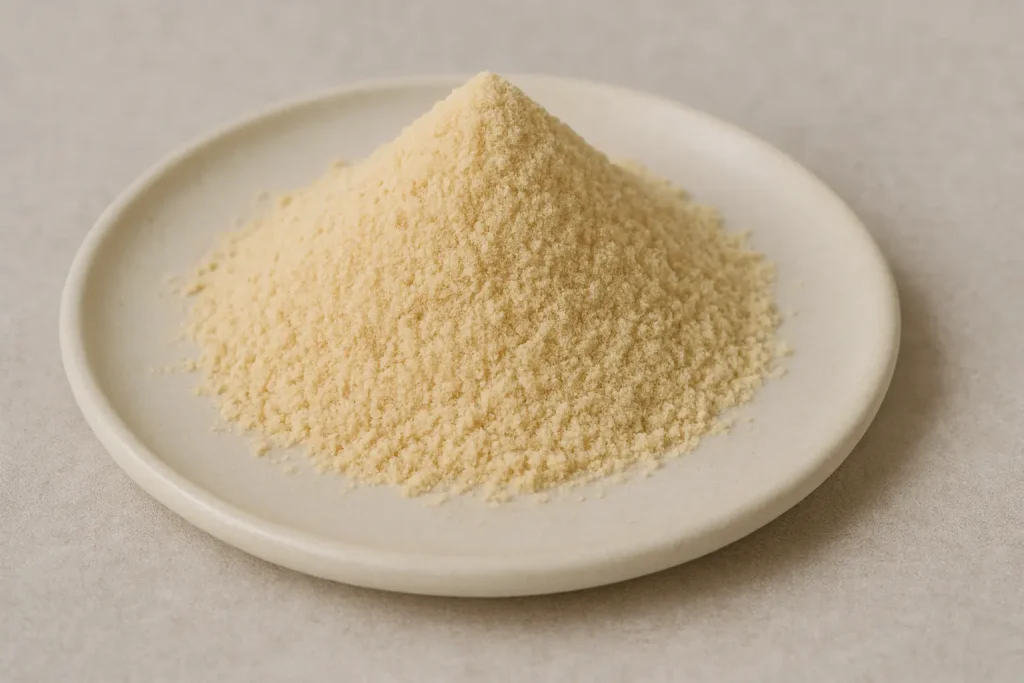 Close-up of a pile of Lion’s Mane mushroom powder on a ceramic plate, used as a natural supplement for brain health