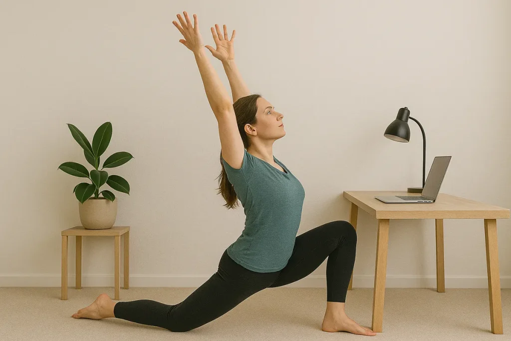 Woman performing a low lunge stretch with arms raised beside an office desk with a laptop and lamp