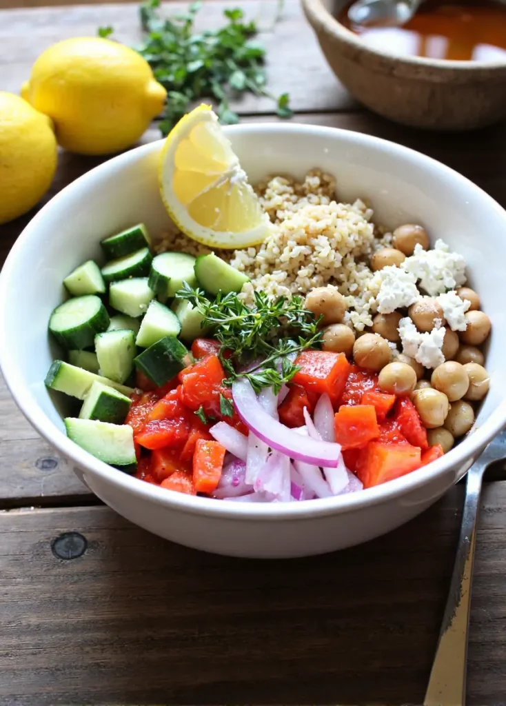 Mediterranean chickpea bowl with bulgur, cucumbers, tomatoes, onions, feta cheese, and fresh herbs