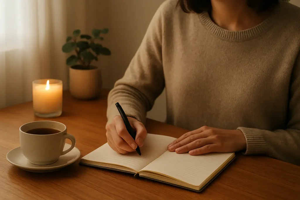 Person writing in a journal at a wooden table with a cup of coffee, lit candle, and potted plant in a cozy setting