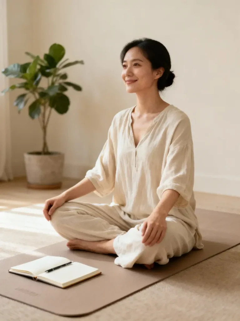 Woman sitting cross-legged on a yoga mat with a journal and pen, smiling peacefully