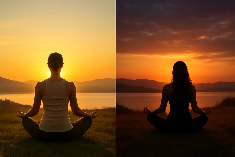 Two individuals meditating outdoors at sunset, highlighting warm and cool lighting contrasts in a serene landscape.