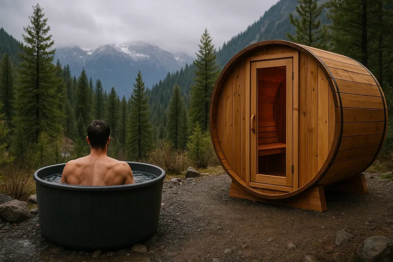 Man sitting in an outdoor cold plunge tub beside a wooden barrel sauna with mountain forest in the background