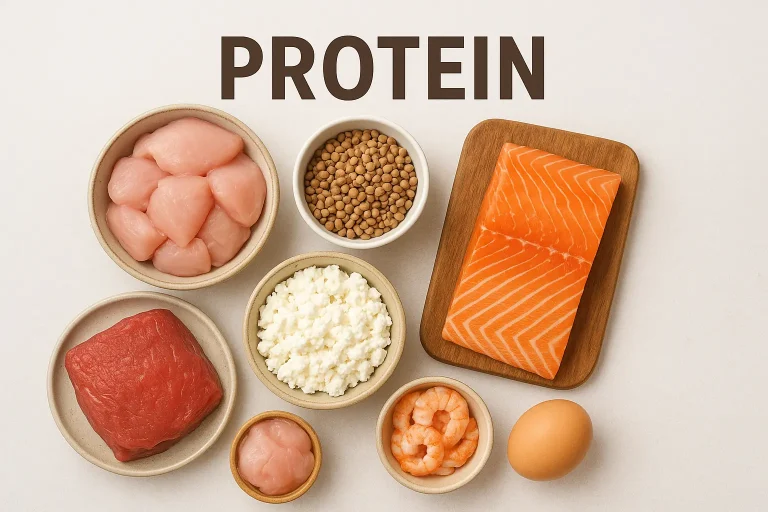 A selection of protein sources including chicken, salmon, shrimp, beef, cottage cheese, lentils, and an egg arranged on a white background with the word "PROTEIN" above.