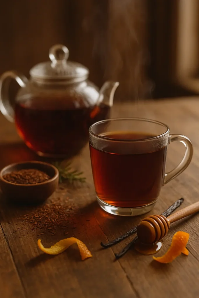 A steaming cup of rooibos tea with honey dipper, orange peel, and glass teapot on a rustic wooden table