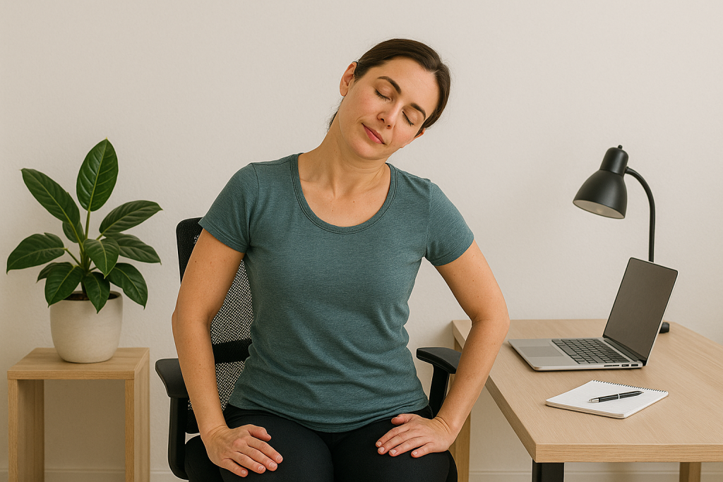 Woman sitting on an office chair with eyes closed, performing a gentle seated neck stretch beside a desk with a laptop and notebook