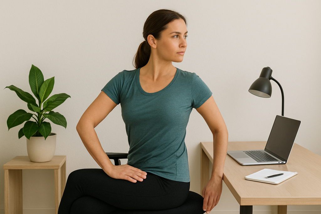 Woman sitting on an office chair performing a seated spinal twist stretch beside a desk with a laptop and notebook