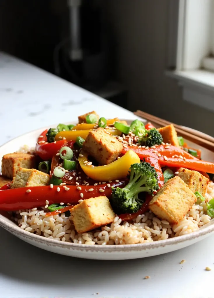 Bowl of spicy tofu stir fry with colorful vegetables and brown rice