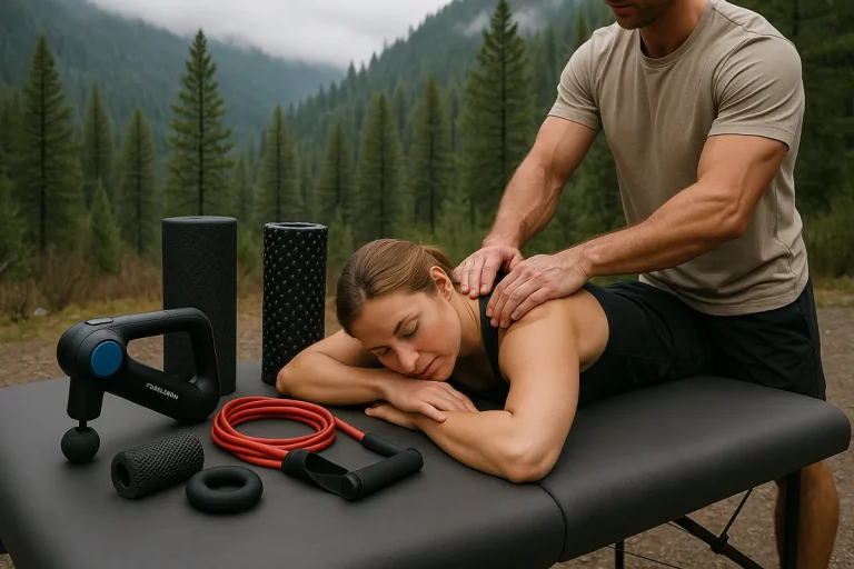 Woman receiving a shoulder massage on a treatment table outdoors with recovery tools like foam rollers, massage gun, and resistance bands nearby