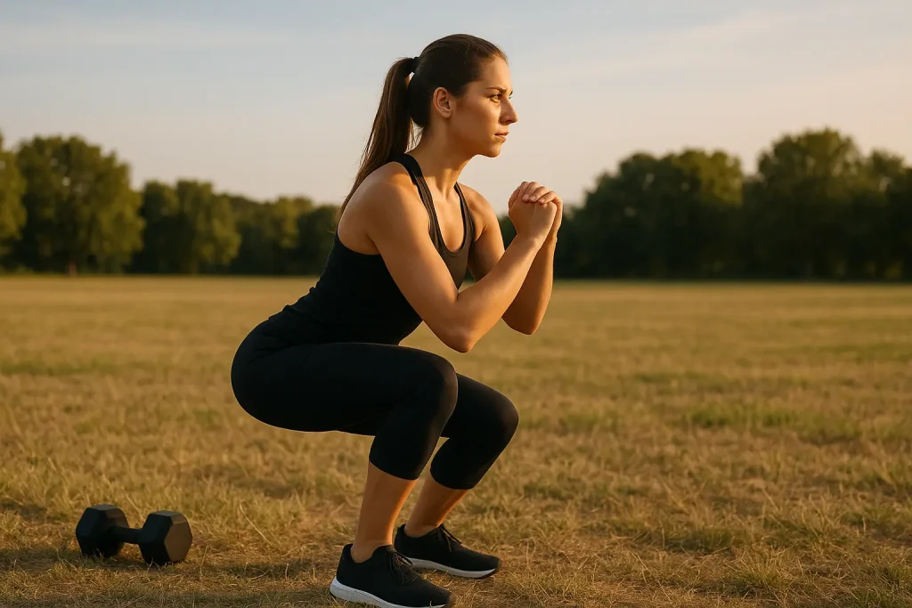 A woman doing squats outdoors in a grassy field with dumbbells nearby