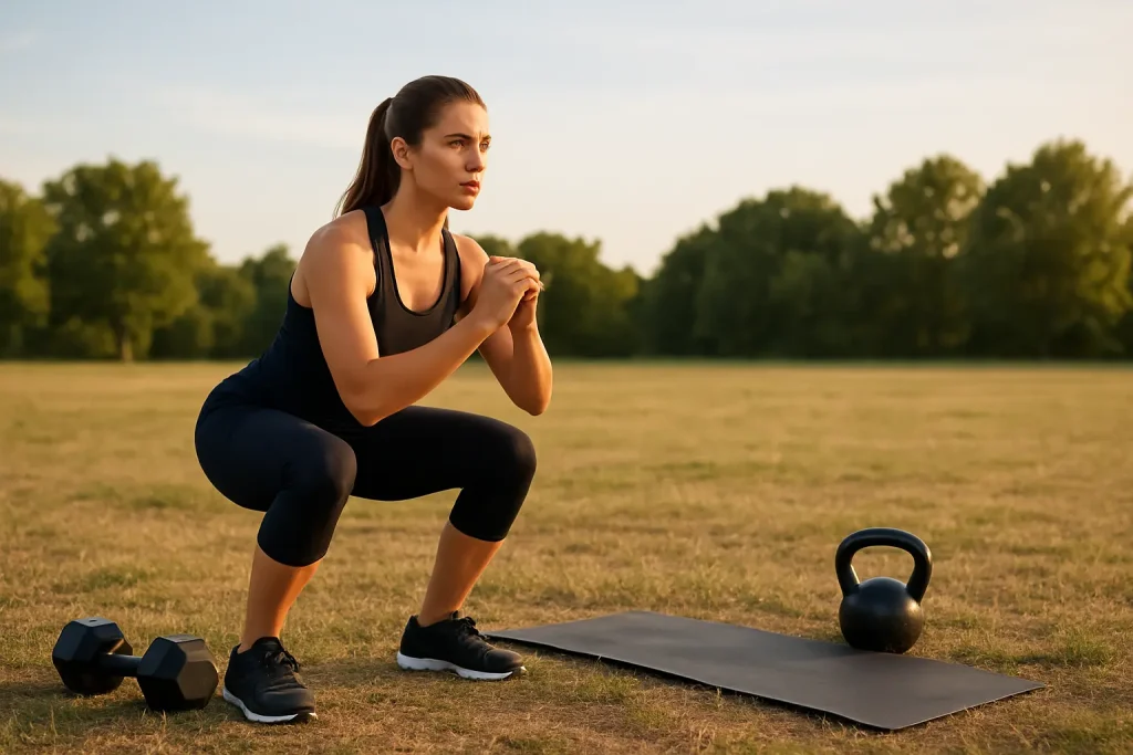 A woman performing squats outdoors on a mat with dumbbells and a kettlebell