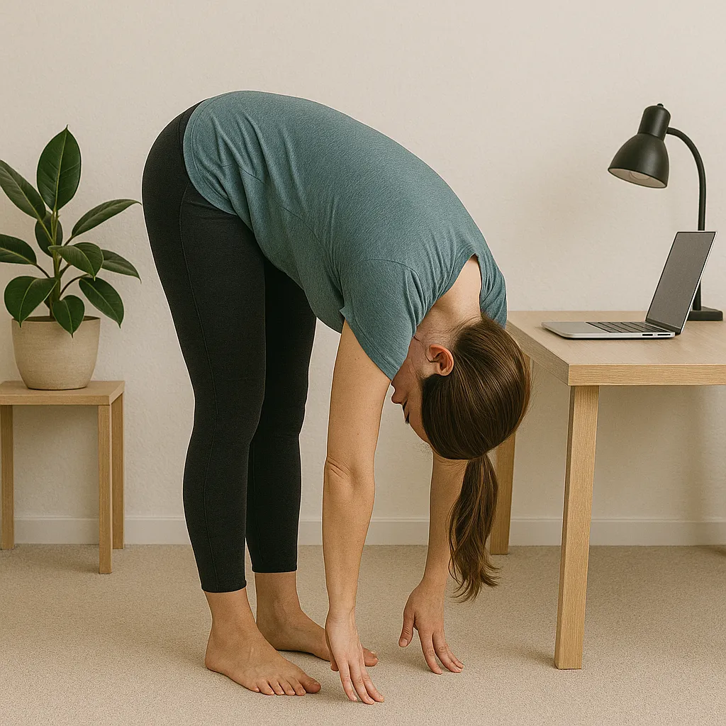 Woman in casual workout clothes performing a standing forward fold stretch beside an office desk with a laptop