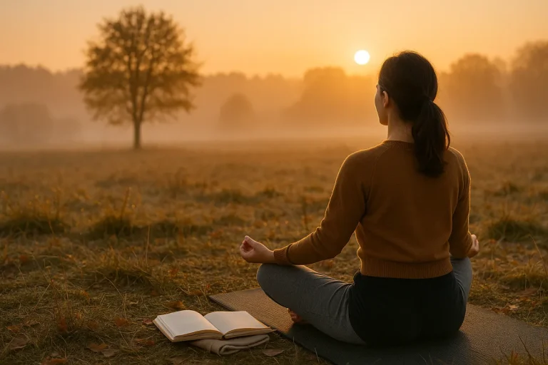 Woman meditating outdoors on a yoga mat at sunrise with an open journal beside her, practicing mindfulness and relaxation.
