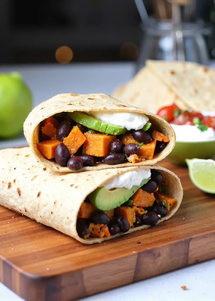 Healthy tortilla wrap filled with sweet potato, black beans, avocado, and sour cream