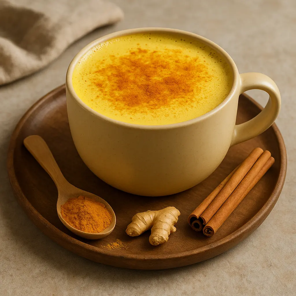 A cup of golden turmeric latte with cinnamon sticks, ginger root, and turmeric powder on a wooden tray