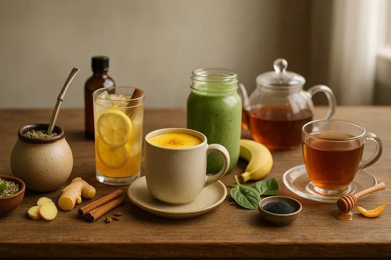 Yerba mate, turmeric latte, green smoothie, lemon tea, herbal tea, ginger, cinnamon, honey, and leafy greens arranged on a wooden table