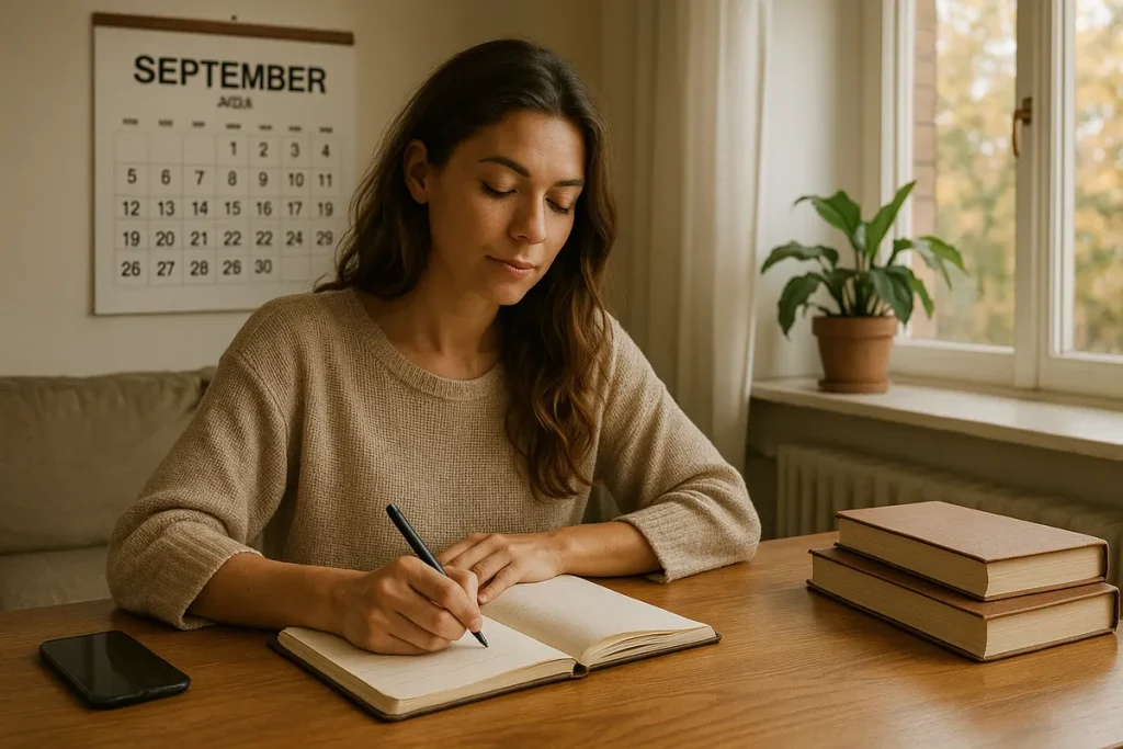 Woman sitting at a desk writing in a journal with a September calendar on the wall, books stacked nearby, and a potted plant by the window.