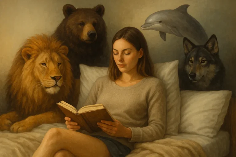 Artistic painting of a woman reading a book in bed, surrounded by a lion, bear, wolf, and dolphin symbolizing wisdom, strength, and intuition.