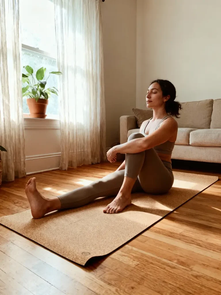 Woman sitting on a yoga mat in a sunlit living room practicing mindfulness and relaxation