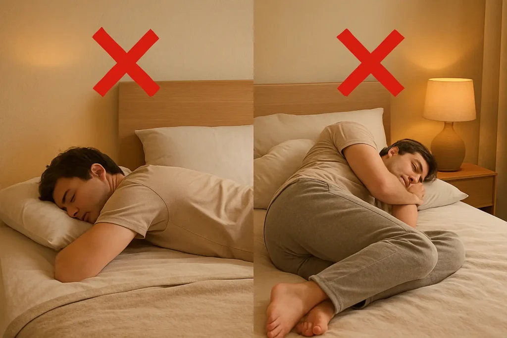 Man lying in wrong sleeping positions, face down and curled on side, with red X marks above him in bed