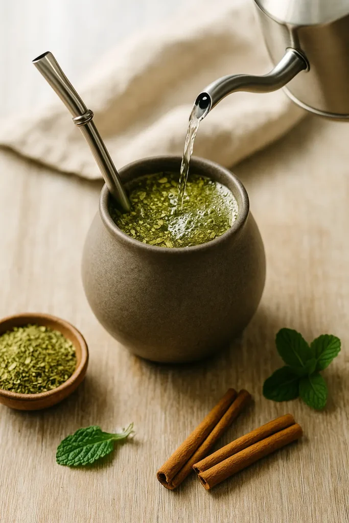 Hot water being poured into yerba mate tea in a traditional gourd with bombilla straw, cinnamon sticks, and fresh mint