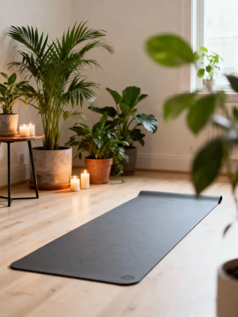 Black yoga mat on wooden floor surrounded by green plants and lit candles in a cozy home studio