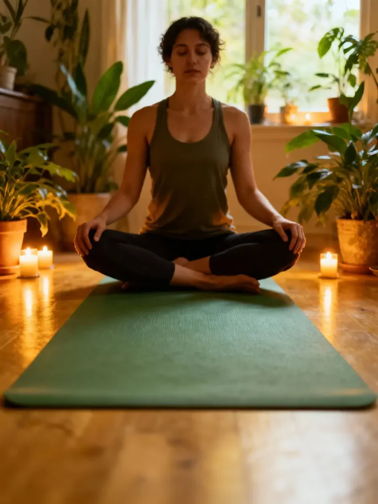 Woman meditating on a yoga mat surrounded by candles and houseplants in a calming atmosphere