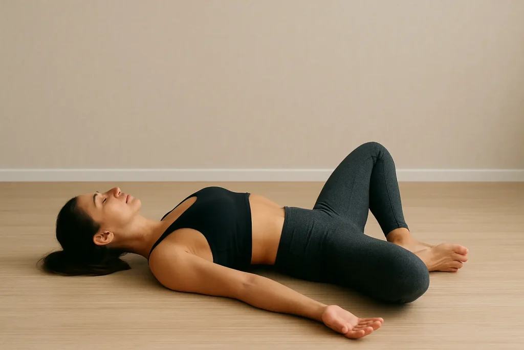 A woman practicing yoga reclining bound angle pose (Supta Baddha Konasana) indoors