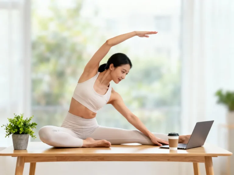 Woman in activewear stretching on a table while using a laptop for an online yoga class