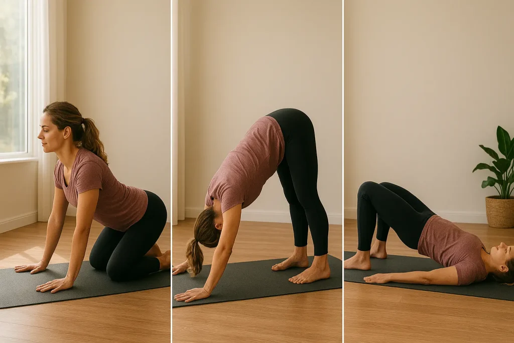 Woman practicing three yoga poses: tabletop stretch, downward dog, and bridge pose, promoting recovery and flexibility.